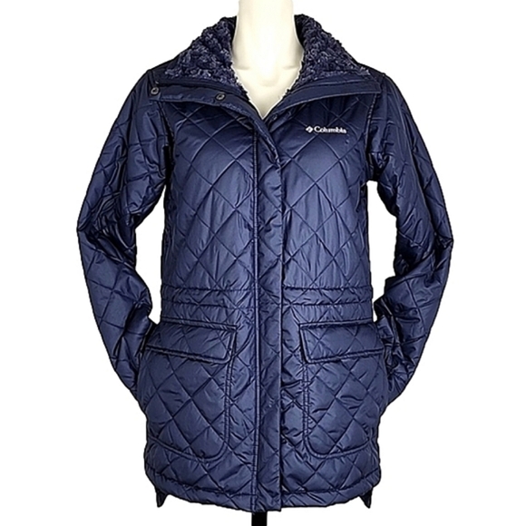 Columbia Women's Quilted  Water Resistant Navy Blue Jacket Faux Fur Sz Small - Picture 4 of 16